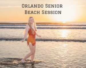 Senior girl walking on the beach at sunrise, wearing a formal dress, captured by an Orlando senior photographer