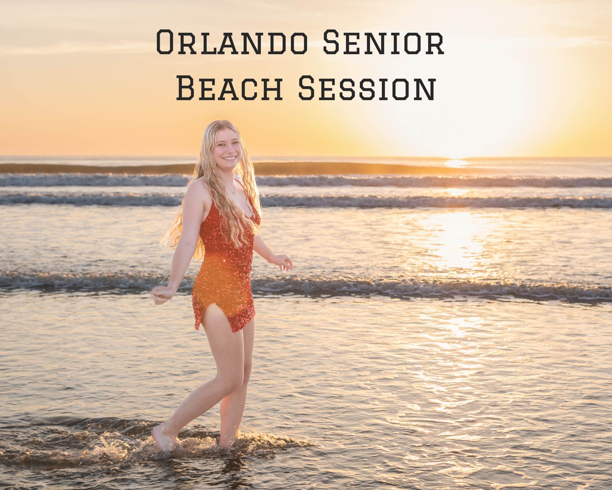 Senior girl walking on the beach at sunrise, wearing a formal dress, captured by an Orlando senior photographer