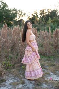 Lake Mary senior portrait – long dress outdoors in golden light