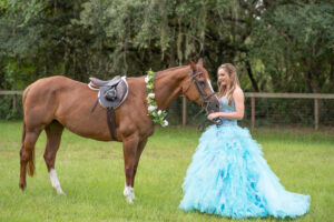 Sweet 16 portrait in Orlando with flowing dress and natural light